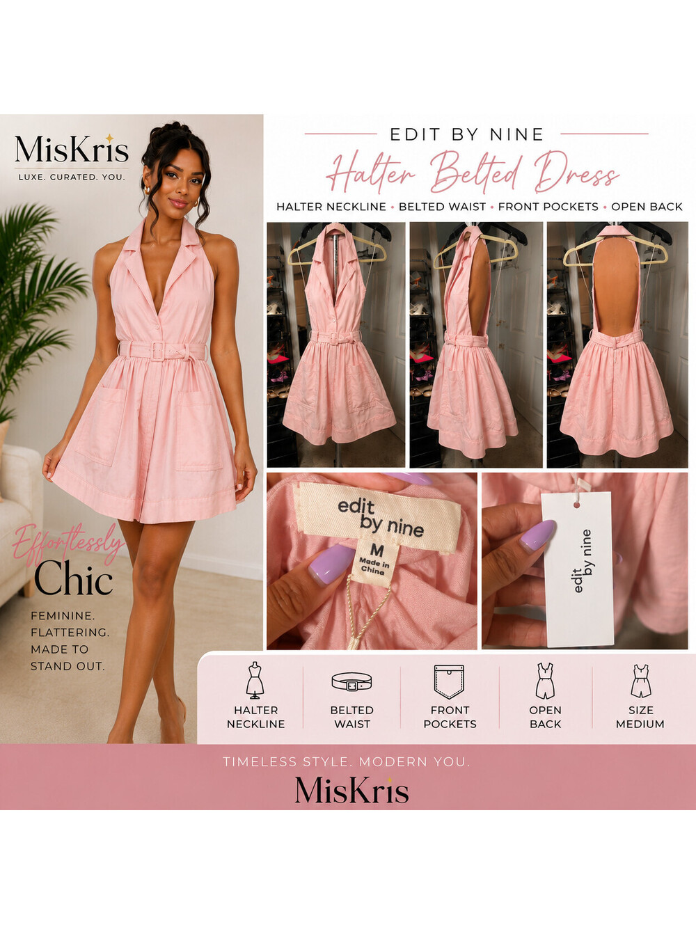 NWT Edit By Nine Pink Halter Belted Dress Women’s Size M